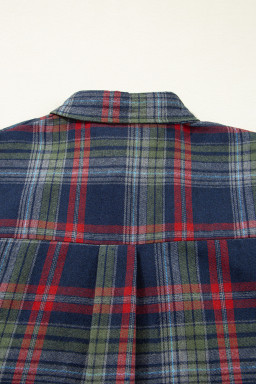 Dark Blue Plaid Chest Pocket Button Front Shirt