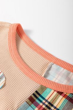 Multicolor Plaid Flower Patchwork Waffle Drop Shoulder Loose Top