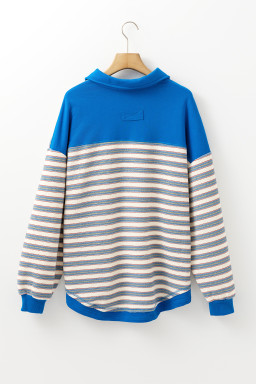 Blue Stripe Collared V Neck Drop Shoulder Top