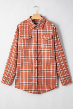 Orange Plaid Chest Pocket Button Front Shirt