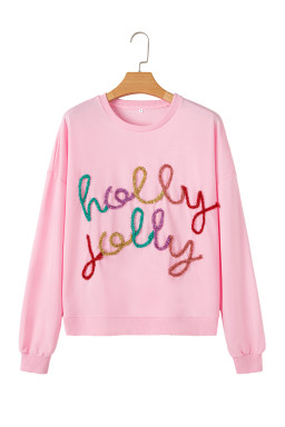 Pink Holly Jelly Round Neck Casual Pullover Sweatshirt