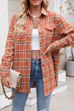 Orange Plaid Chest Pocket Button Front Shirt