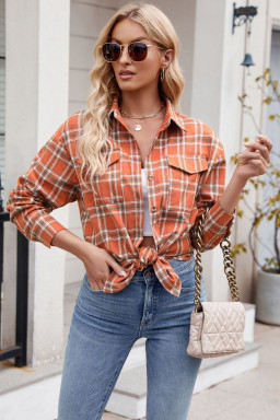 Orange Plaid Chest Pocket Button Front Shirt