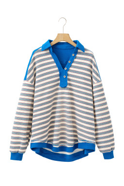Blue Stripe Collared V Neck Drop Shoulder Top