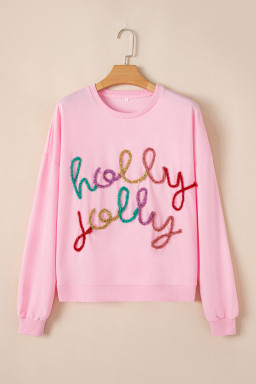 Pink Holly Jelly Round Neck Casual Pullover Sweatshirt
