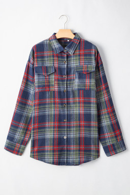Dark Blue Plaid Chest Pocket Button Front Shirt