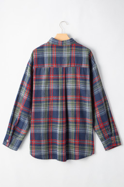 Dark Blue Plaid Chest Pocket Button Front Shirt