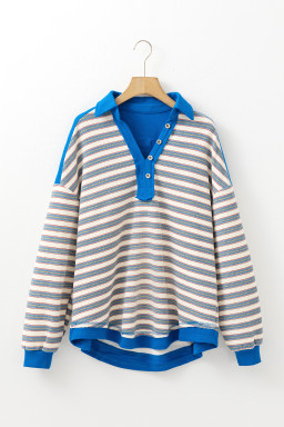 Blue Stripe Collared V Neck Drop Shoulder Top