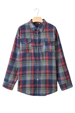 Dark Blue Plaid Chest Pocket Button Front Shirt