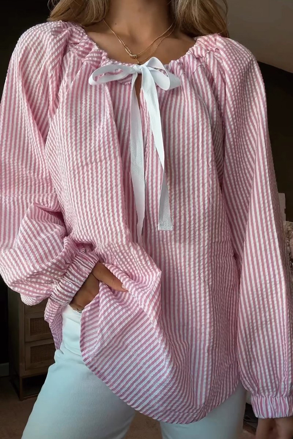 Pink Stripe Bow Tie Front Round Neck Long Sleeve Top
