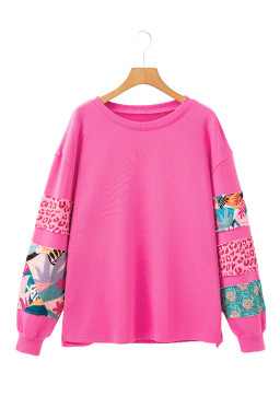 Sachet Pink Leopard Floral Patchwork Drop Shoulder Pullover Top
