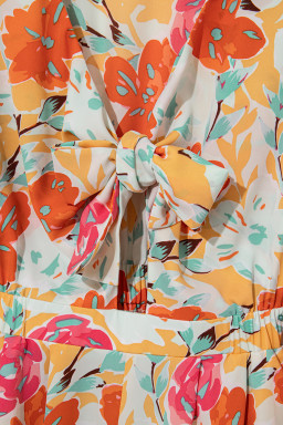Orange Floral Print Front Tie V Neck Romper