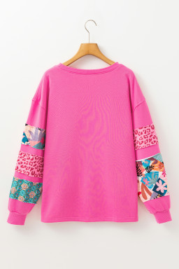 Sachet Pink Leopard Floral Patchwork Drop Shoulder Pullover Top
