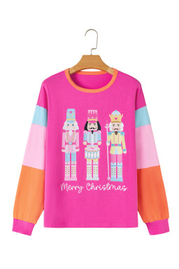 Rose Red Nutcracker Merry Christmas Graphic Colorblock Long Sleeve Tee