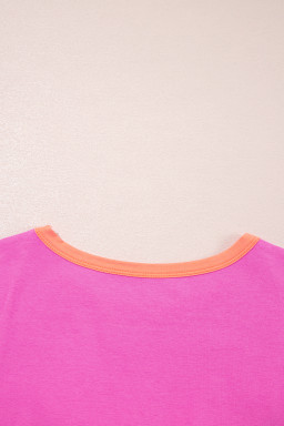 Rose Red Glitter Santa Claus Graphic Colorblock Patchwork Sleeve Christmas Top