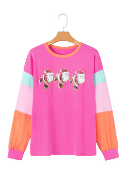 Rose Red Glitter Santa Claus Graphic Colorblock Patchwork Sleeve Christmas Top