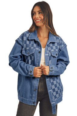Ashleigh Blue Checkered Patchwork Button Up Denim Jacket