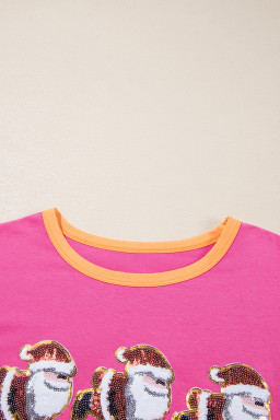 Rose Red Glitter Santa Claus Graphic Colorblock Patchwork Sleeve Christmas Top