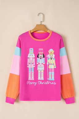 Rose Red Nutcracker Merry Christmas Graphic Colorblock Long Sleeve Tee