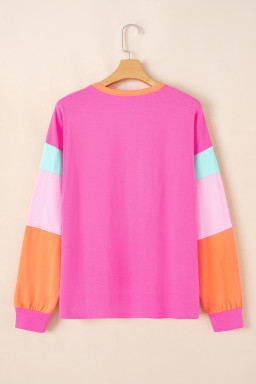 Rose Red Glitter Santa Claus Graphic Colorblock Patchwork Sleeve Christmas Top