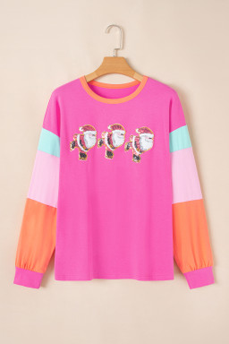Rose Red Glitter Santa Claus Graphic Colorblock Patchwork Sleeve Christmas Top