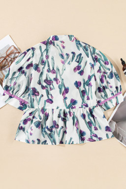 Purple Floral Ricrac Trim Puff Sleeve Peplum Blouse