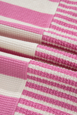 Pink Stripe Waffle Patchwork Short Sleeve High Low Loose T Shirt