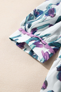 Purple Floral Ricrac Trim Puff Sleeve Peplum Blouse