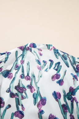 Purple Floral Ricrac Trim Puff Sleeve Peplum Blouse