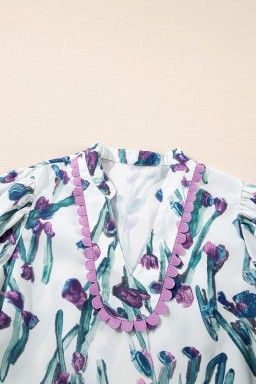 Purple Floral Ricrac Trim Puff Sleeve Peplum Blouse
