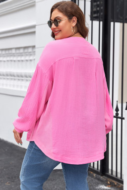 Bonbon Chest Pocket Crinkle Drop Sleeve Plus Size Henley Top