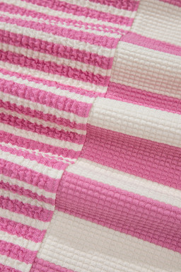 Pink Stripe Waffle Patchwork Short Sleeve High Low Loose T Shirt