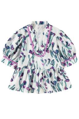 Purple Floral Ricrac Trim Puff Sleeve Peplum Blouse
