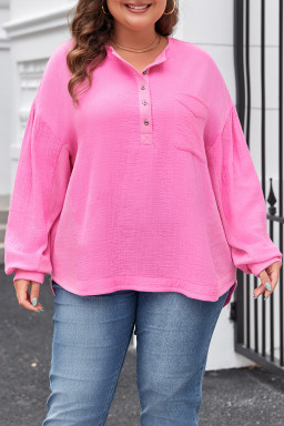 Bonbon Chest Pocket Crinkle Drop Sleeve Plus Size Henley Top