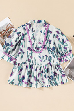 Purple Floral Ricrac Trim Puff Sleeve Peplum Blouse
