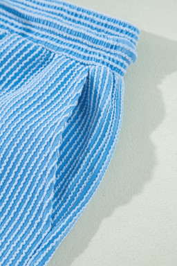 Blue Solid Corded Short Sleeve T Shirt and Wide Leg Pants Set