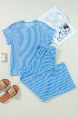 Blue Solid Corded Short Sleeve T Shirt and Wide Leg Pants Set
