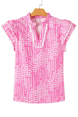 Pink Abstract Print Ric Rac Trim Flutter Sleeve Notch V Neck Blouse