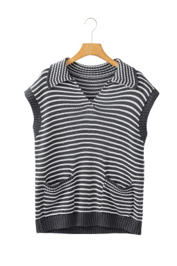 Gray Stripe Collared V Neck Pockets Sweater Vest