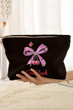 Rose Red Bow Corduroy Zipper Makeup Bag