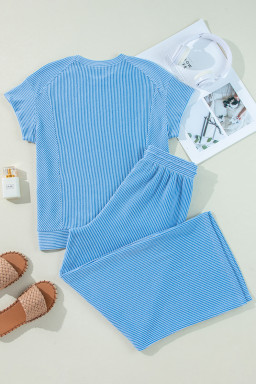 Blue Solid Corded Short Sleeve T Shirt and Wide Leg Pants Set