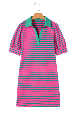 Pink Stripe Collared Puff Sleeve Pop of Color Neckline T Shirt Dress