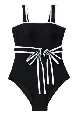 Black Contrast Edge Belted One Piece Swimsuit