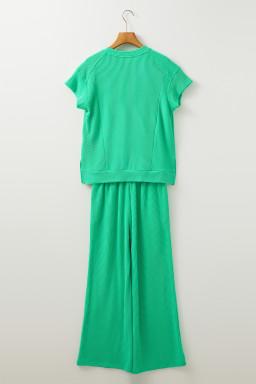 Bright Green Solid Corded T Shirt and Wide Leg Pants Set