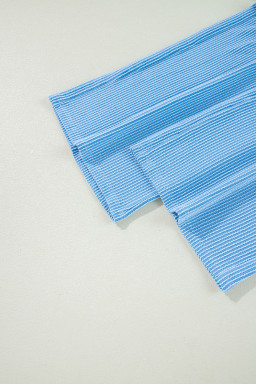 Blue Solid Corded Short Sleeve T Shirt and Wide Leg Pants Set