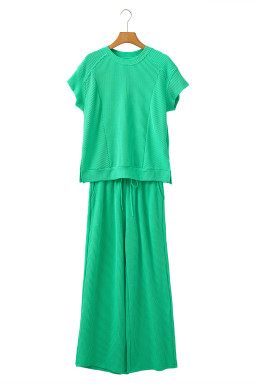 Bright Green Solid Corded T Shirt and Wide Leg Pants Set