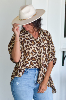 Khaki Leopard Print Short Sleeve Collared Plus Size Shirt