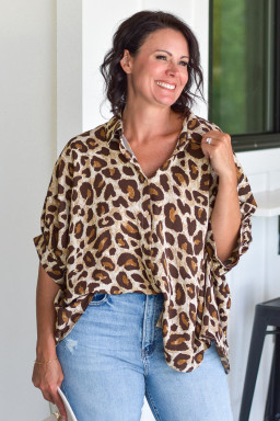 Khaki Leopard Print Short Sleeve Collared Plus Size Shirt