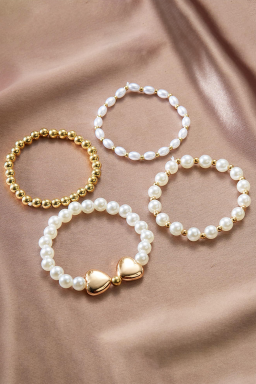 Gold Pearl Stackable Heart Beaded Bracelet Set