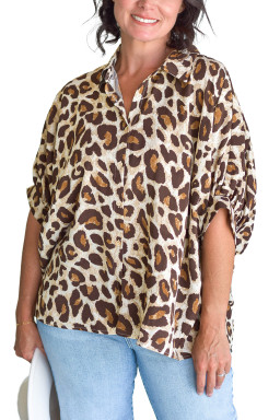Khaki Leopard Print Short Sleeve Collared Plus Size Shirt